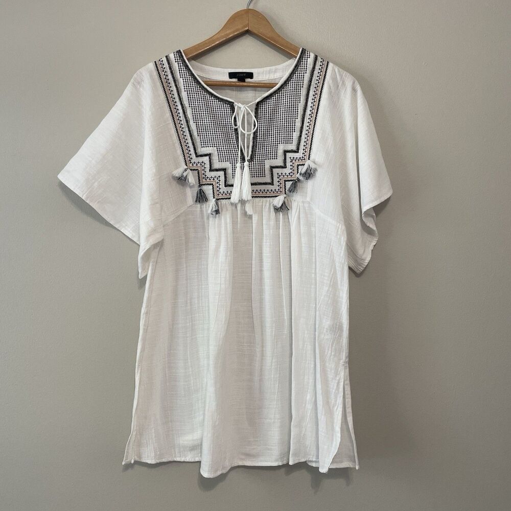 J.Crew Cotton Tunic Cover Up Dress Womens M  Embroidered Tassels Coastal Beach